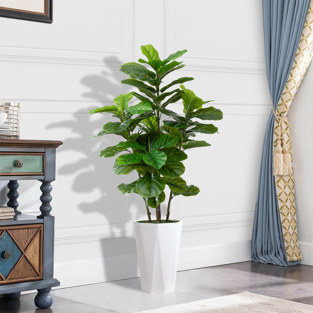 Artificial Fiddle Leaf Fig Plant Indoor 5FT Faux Fig Tree with White Diamond Planter Tall Fake Floor Plant in Pot