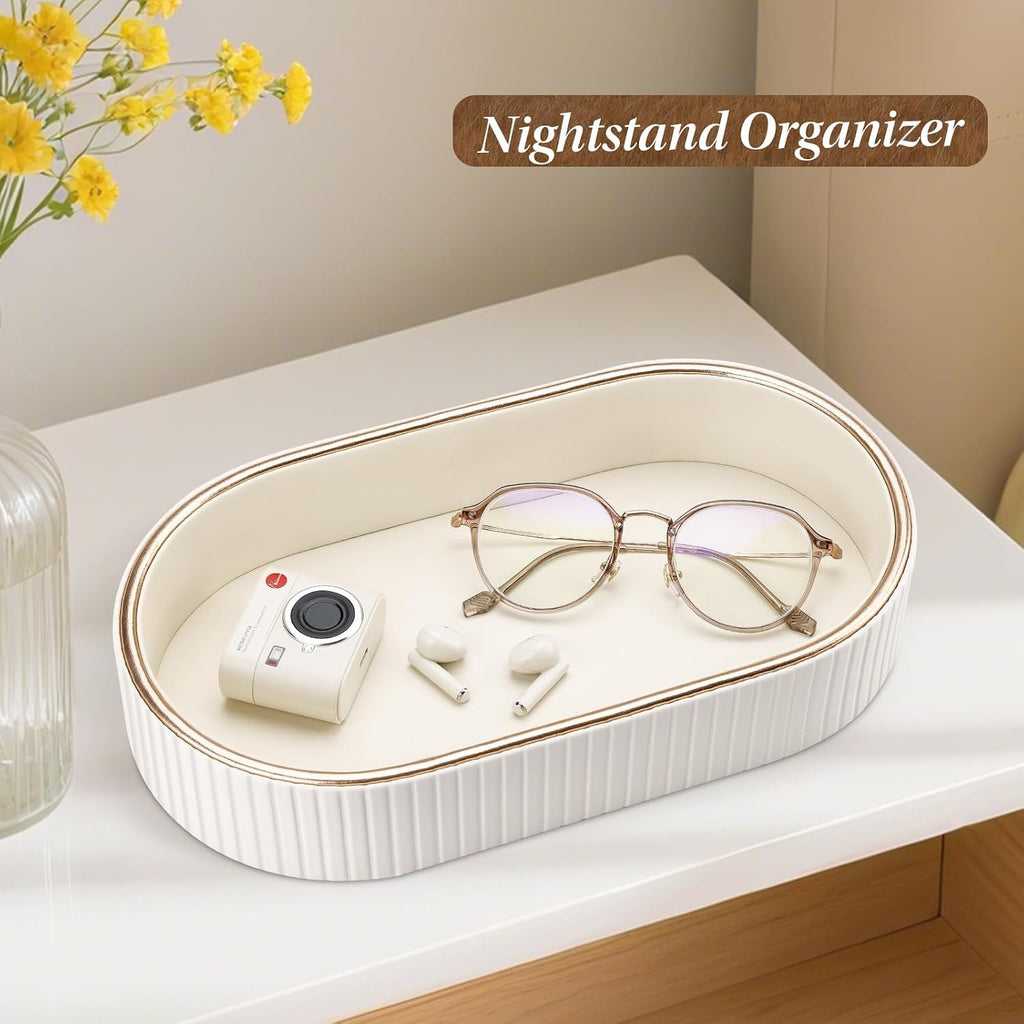 Oval Vanity Tray Perfume Organizer, PU Leather Valet Jewelry Trays Nightstand Organizer Key Bowl Trinket Dish