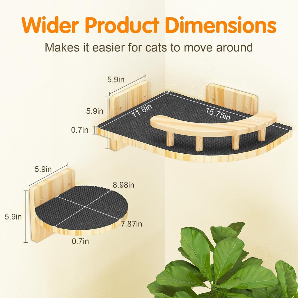 Cat Wall Shelves, Corner Cat Shelf with 3 Wide Perch Steps, Kitty Wall Climber Wooden Furniture up to 25lbs, Modern