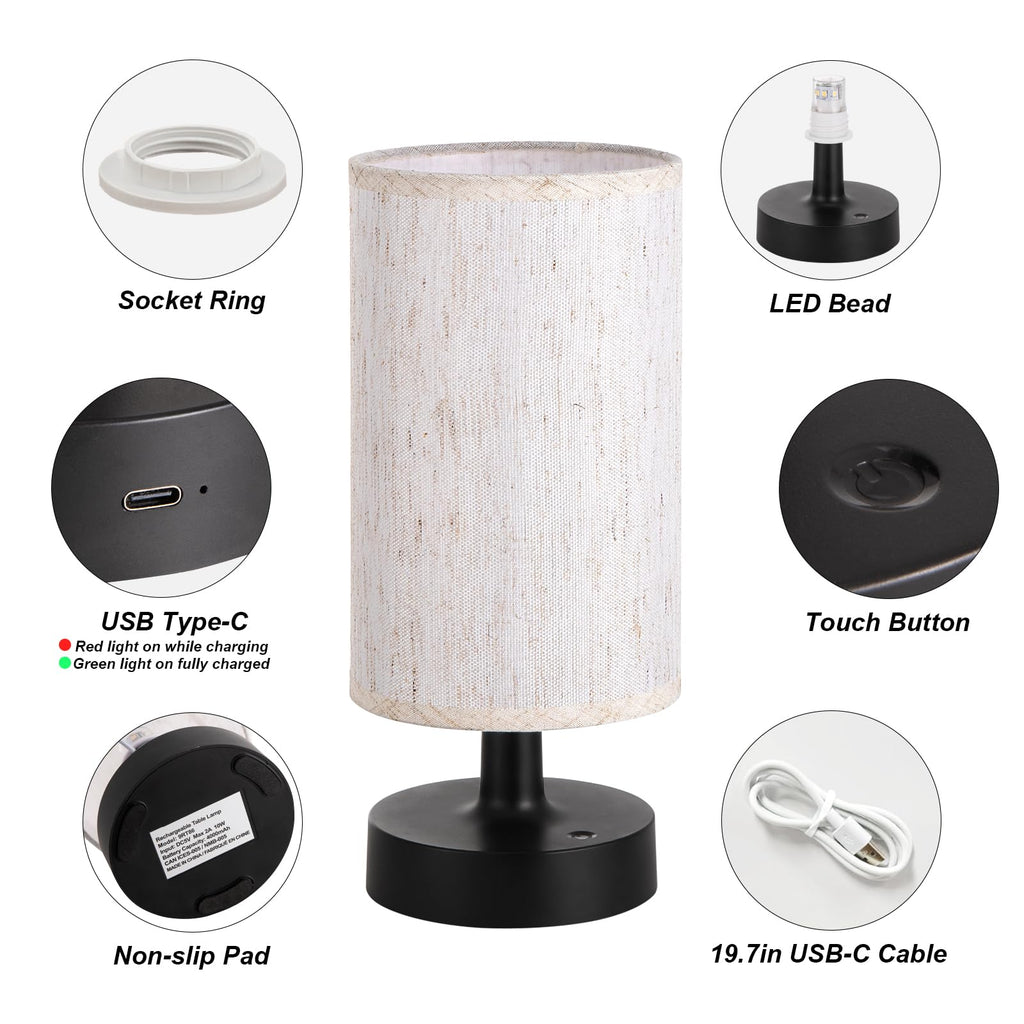 Cordless Table Lamp Rechargeable Small - 2 Pack Beige Black, 4000mAh Battery Operated Lamp with Touch Control