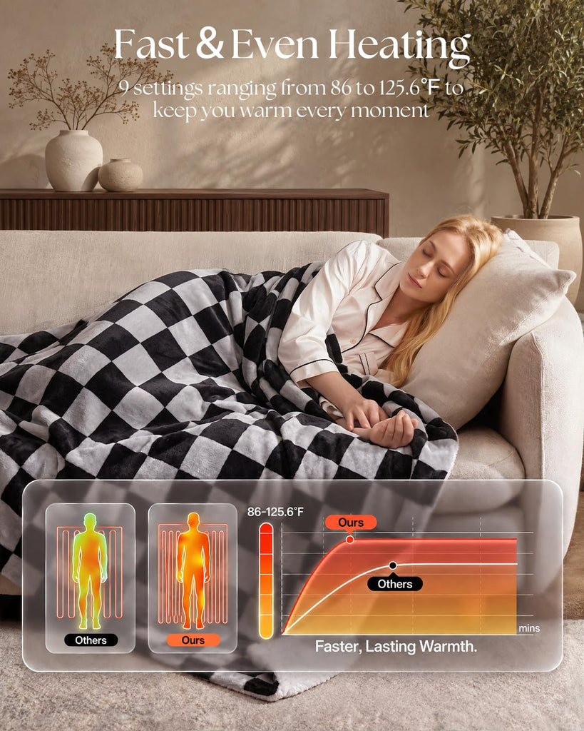 Heated Blanket Throw Size, Plaid Electric Heating Blanket Grey&Black