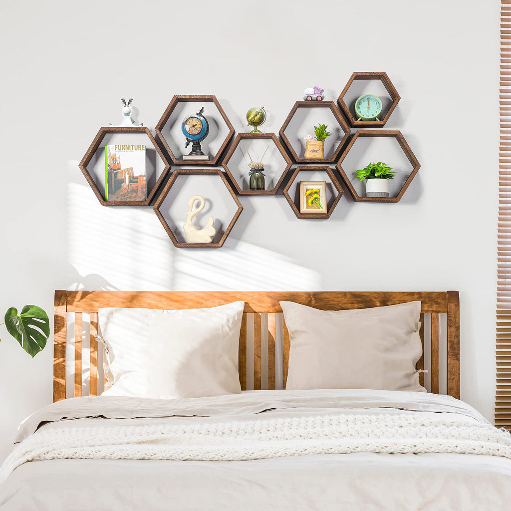 Hexagon Floating Shelves Set of 8 Wood Hexagonal Shelves Brown Wall Decor and Storage Racks Floating Honeycomb Plants