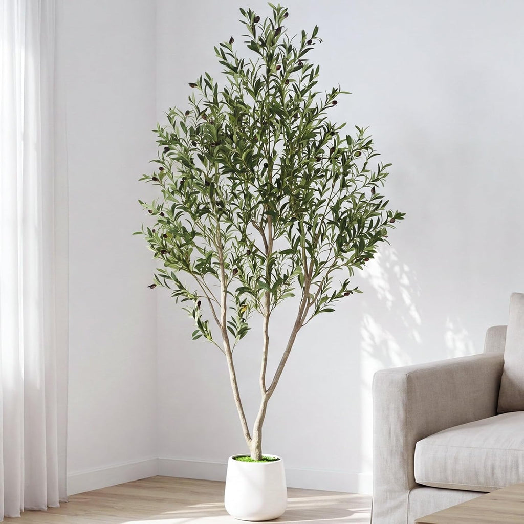 7FT Artificial Olive Tree Indoor with White Pot Tall Planter, Faux Olive Tree with Natural Wood Trunk and Lifelike