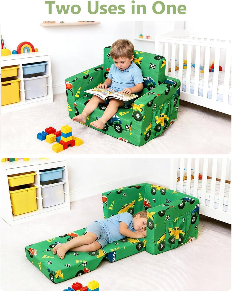 Toddler Couch, in-1 Foldable Kids Comfy Chair & Lounger, Monster Truck