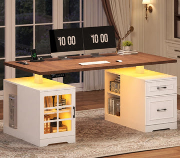 63" Farmhouse Electric Standing Desk with Drawers, Storage Shelves