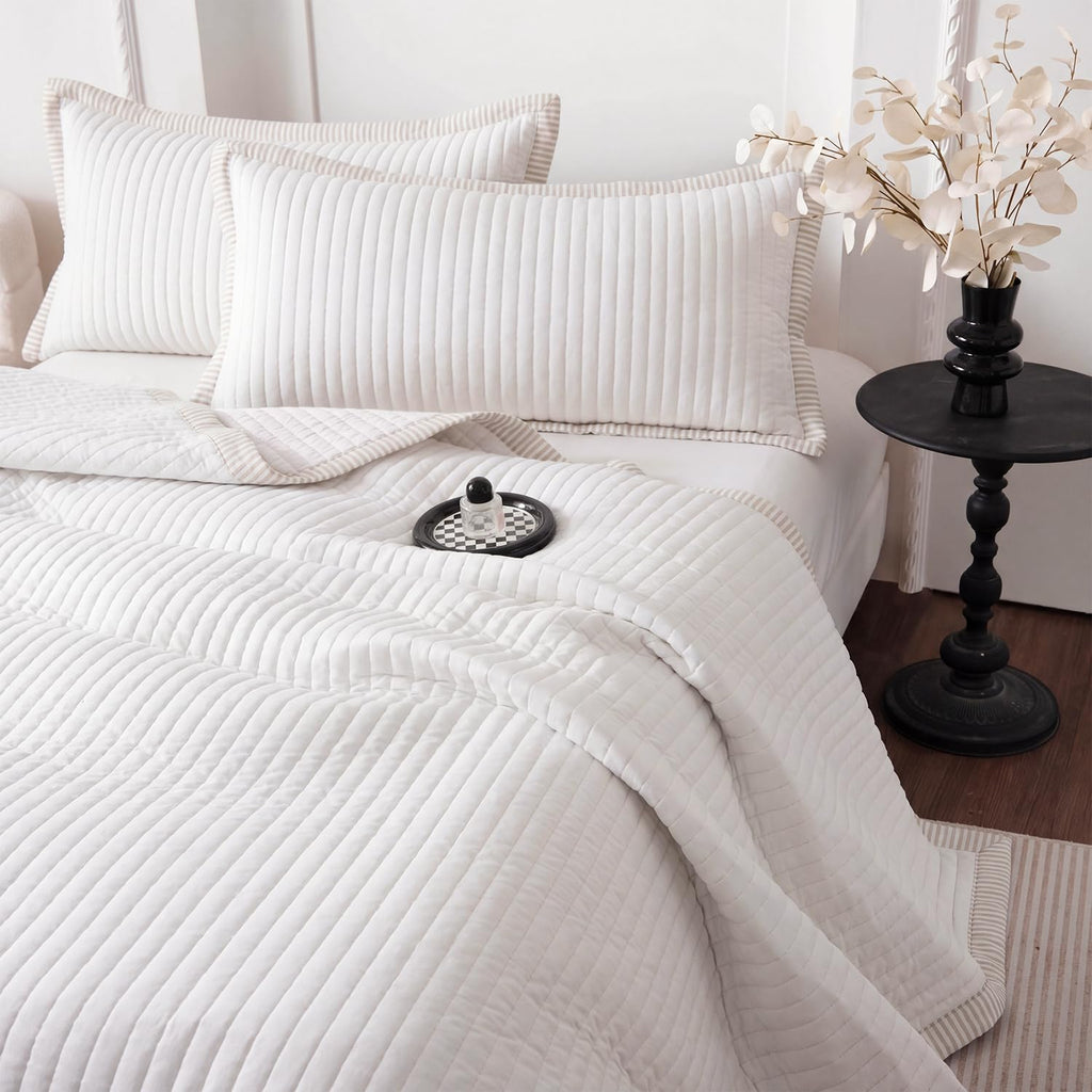 Beige Quilt Set, Striped Quilt Set Lightweight Microfiber Bedspread Coverlet, Farmhouse Bedding with Pillow