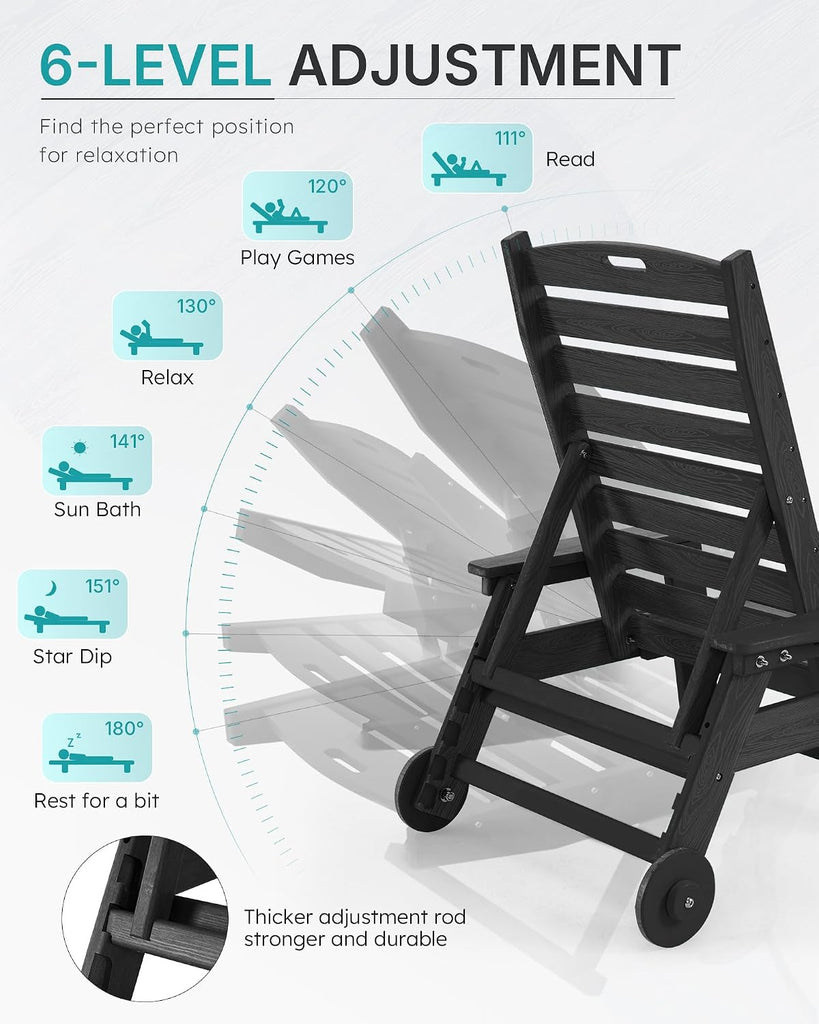 Patio Chaise Lounge Chair Set of 2, Oversize Lounge Chairs with Wood Texture& Rolling Wheels, HDPE 6-Position Plastic