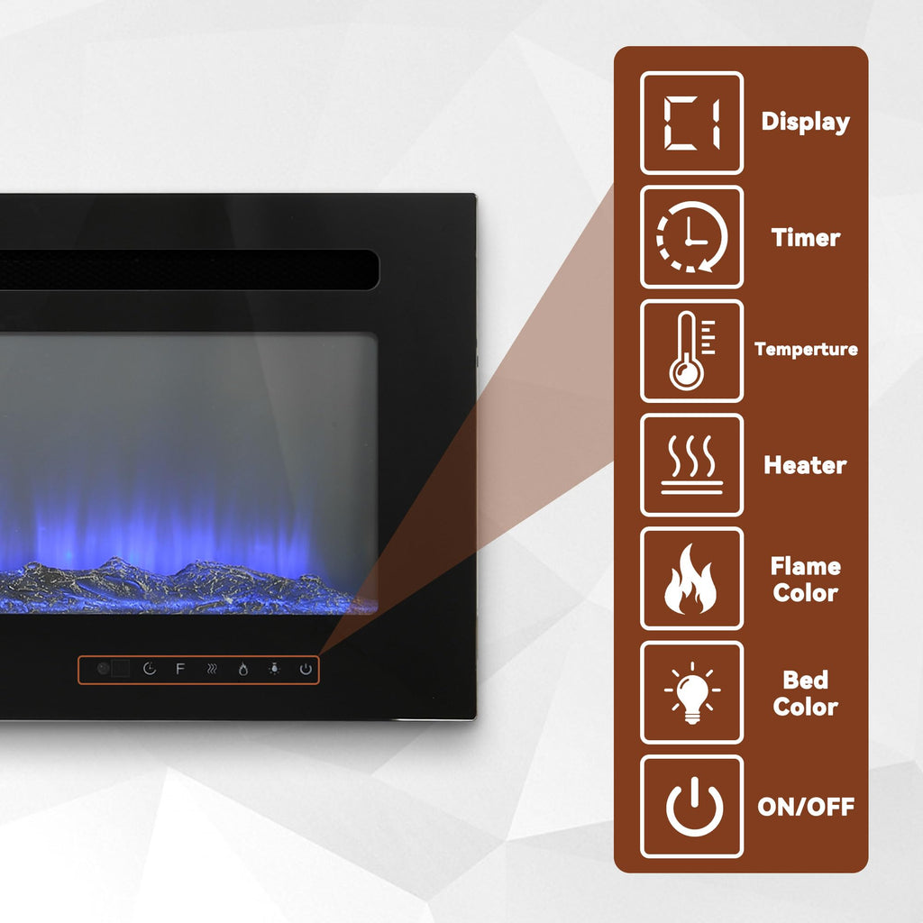 50 Inch Electric Fireplace Wall Mounted and Recessed LED Fireplace with Remote Control 8h Timer, 12 Flames, Touch