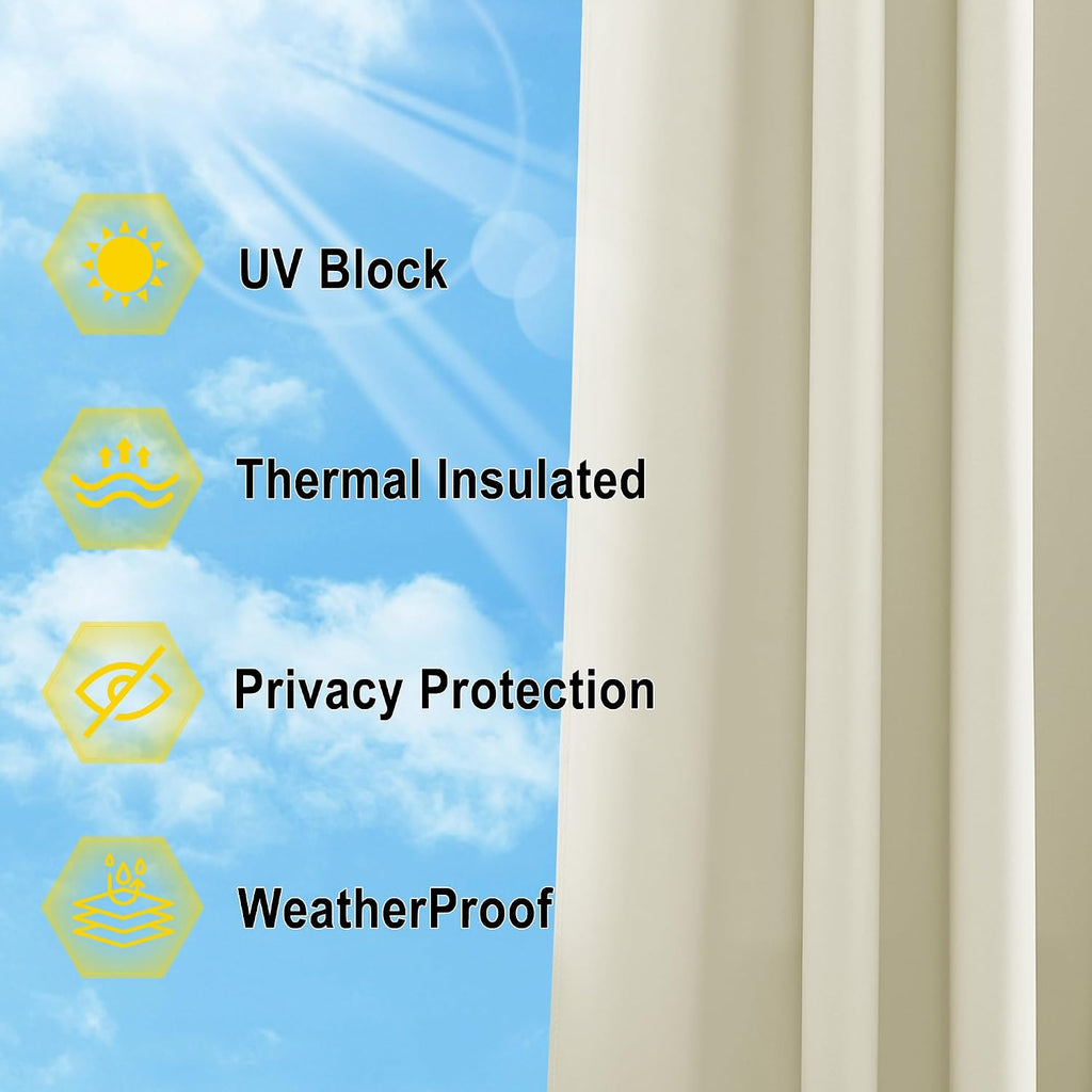 2 Panels Outdoor Patio Curtainss Waterproof Room Darkening Drapes, Detachable Sticky Tab Top Thermal Insulated