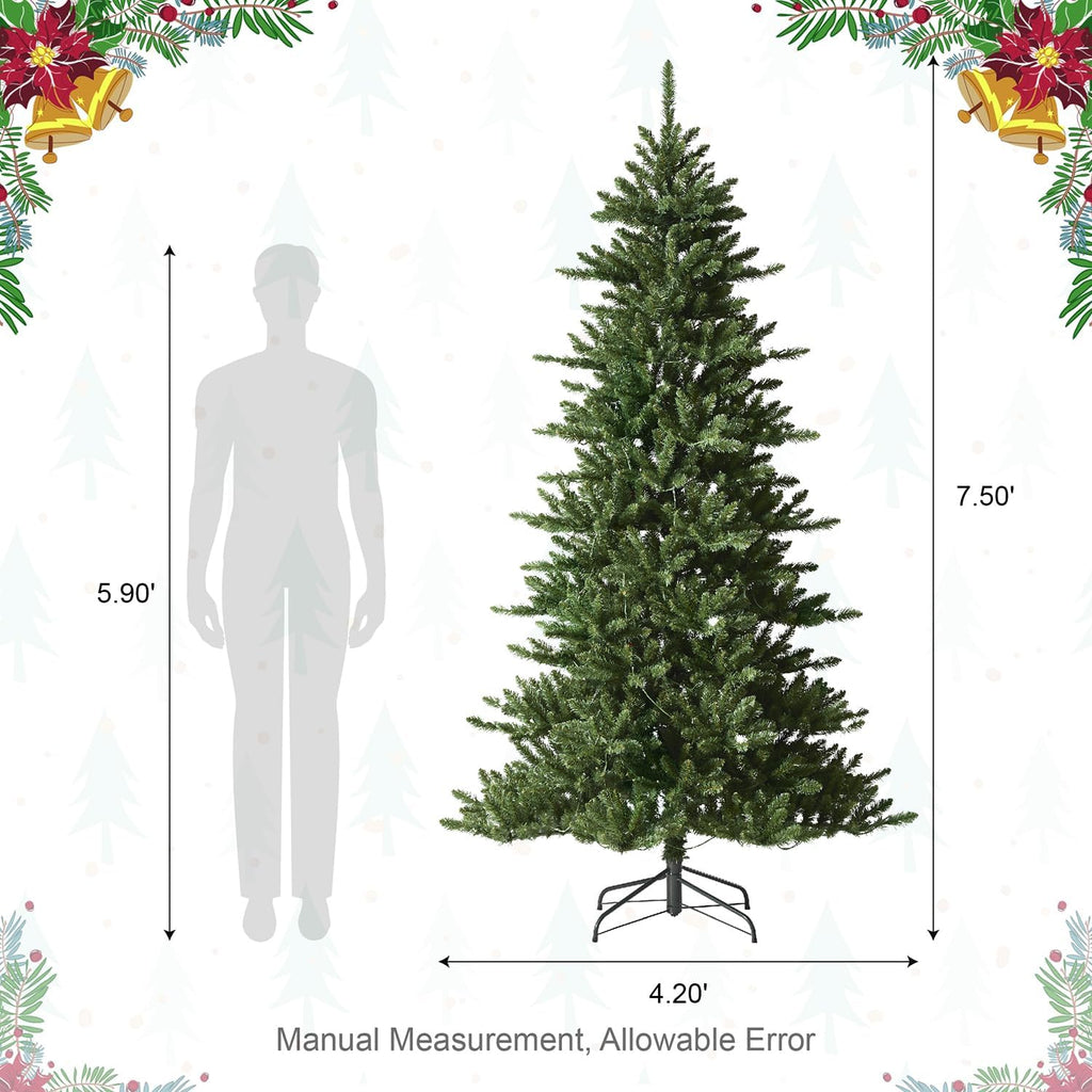 7.5ft Prelit Christmas Tree, Artificial Christmas Tree Emerald Elegance Slim Green Fir Tree with 400 LED Lights, 1336