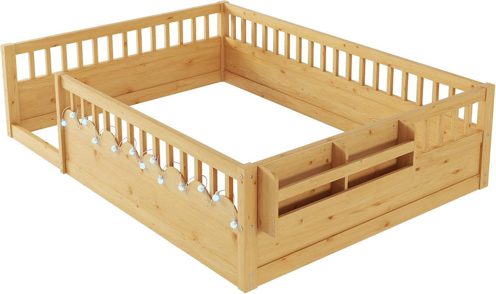 Floor Bed w/Light & Storage, Wood Montessori Platform Bed Frame w/Safety Rails, Space Saving Kids Beds for