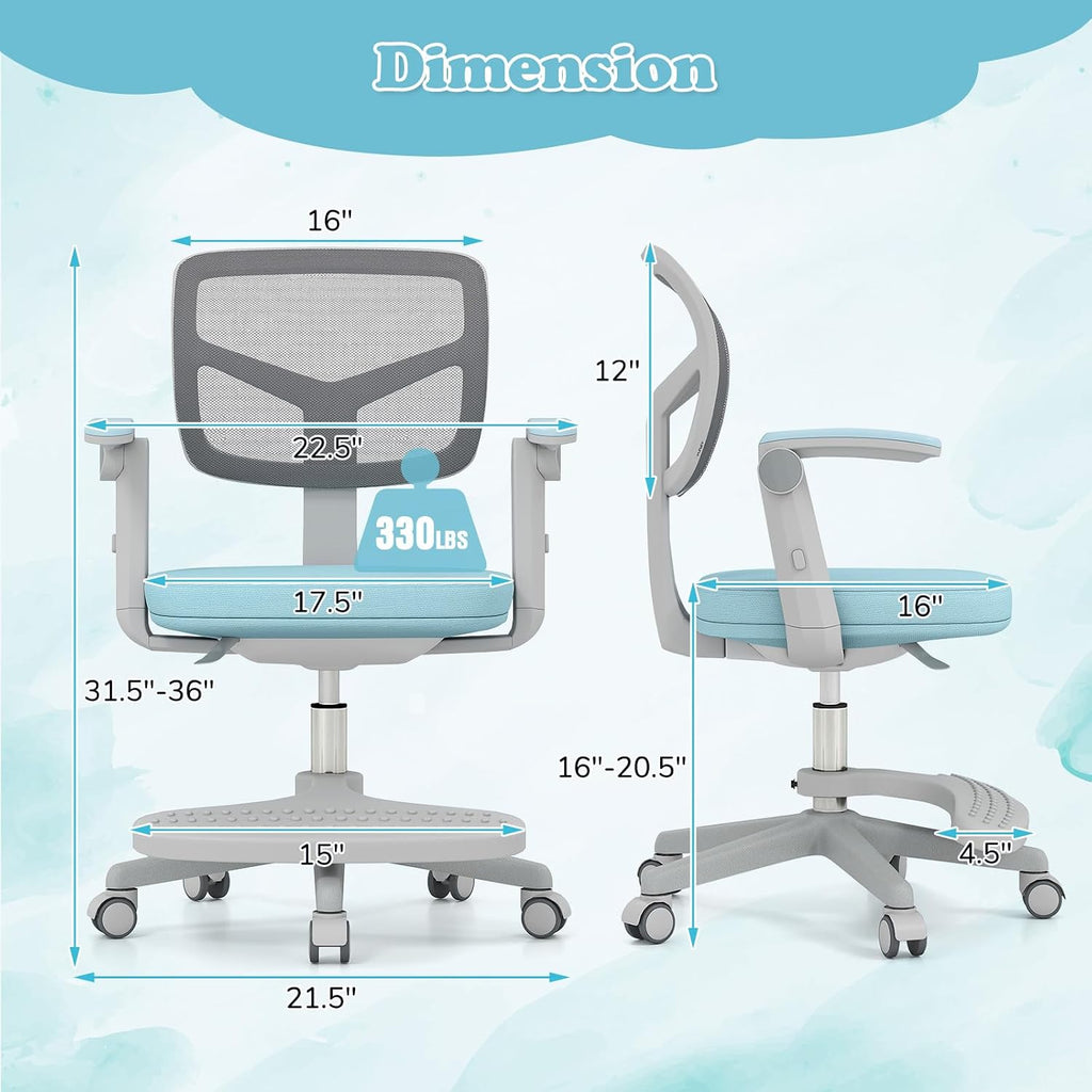 Kids Desk Chair, Ergonomic Adjustable Student Rolling Chair with Footrest & Flip-up Armrest, Mesh Children Office