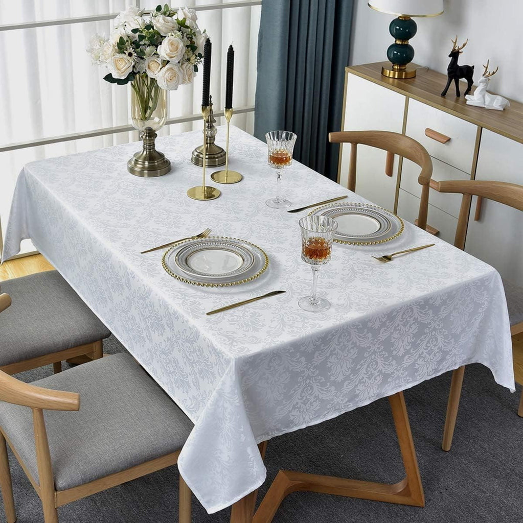 Rectangle Table Cloth - 60 x 120 Inch White Jacquard Tablecloths Damask Design Spillproof Wrinkle Re