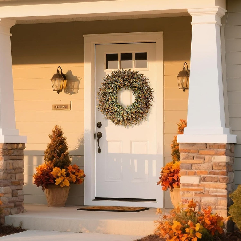 26''Large Artificial Fall Boxwood Wreath for Front Door Decor(Orange-Green)