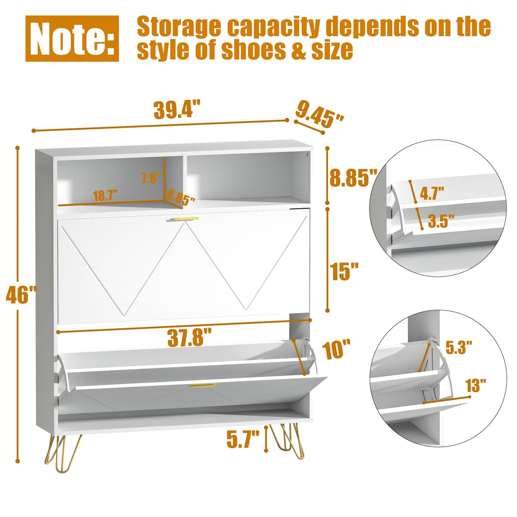 46'' Tall Shoe Cabinet with 2 Flip Drawers and Open Shelves, White丨Freestanding Shoe Organizer, Narrow Shoe Storage