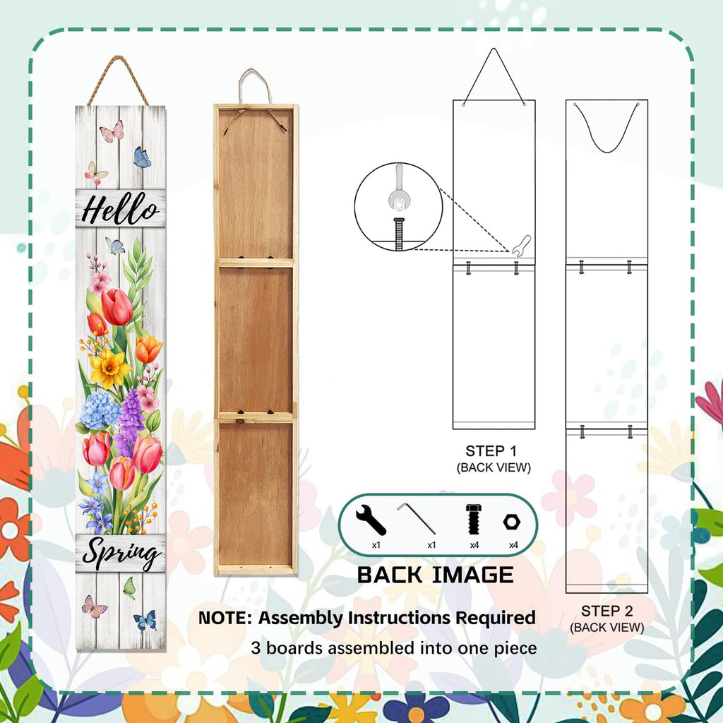 Hello Spring Porch Sign Tulip Butterflies Welcome Sign Rustic Vertical Standing Sign For Front Porch Decor Farmhouse