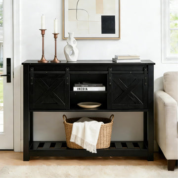 Entryway Table with Storage, Farmhouse Buffet Cabinet Coffee Bar Kitchen Island with Sliding Barn Doors & Shelves