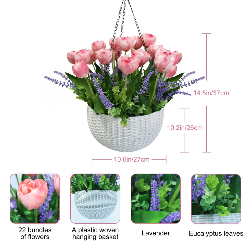 Artificial Flowers Hanging Basket, Pink Tulips