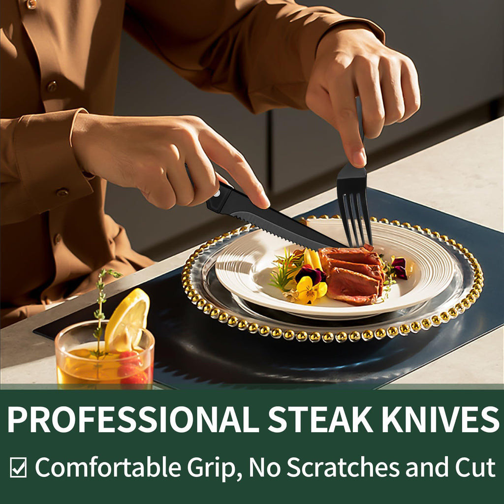 24-Piece Black Silverware Set with Steak Knives, Black Flatware Set for 4, Food-Grade Stainless Steel Tableware