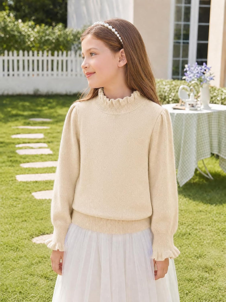 Girls Ruffle Mock Neck Sweater Long Sleeve Cute Knit Pullover