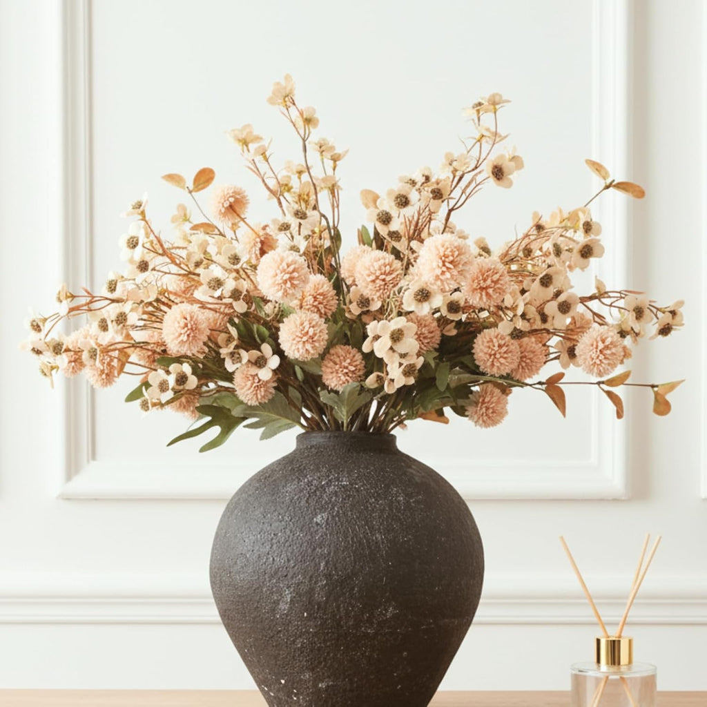 Beige Silk Flower Arrangements Home Decor, Large Floral Centerpieces For Tables, 22 Long Stems Fake Mums + Eucalyptus