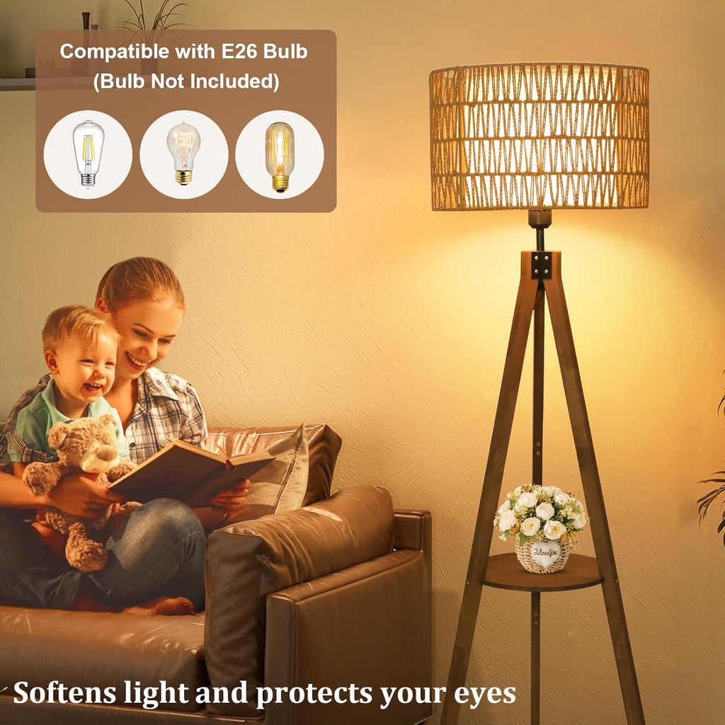 Boho Tripod Floor Lamps, Rattan Wood Floor Lamp with Fabric Shades, Mid Century Standing Lamp with Shelf, Foot Switch