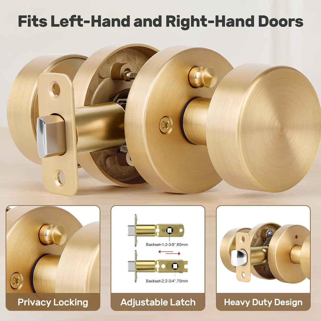 Satin Brass Door Knob Interior Privacy Door Knobs with Lock, Brushed Brass Door Knobs Modern Round Gold Door Handles