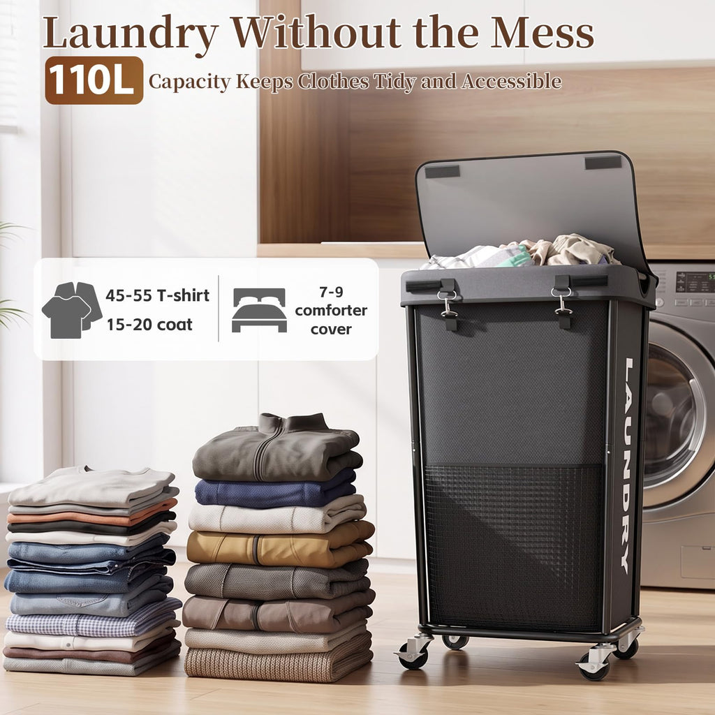 Hamper with Wheels and Lid, 110L Large Rolling Laundry Basket Gray