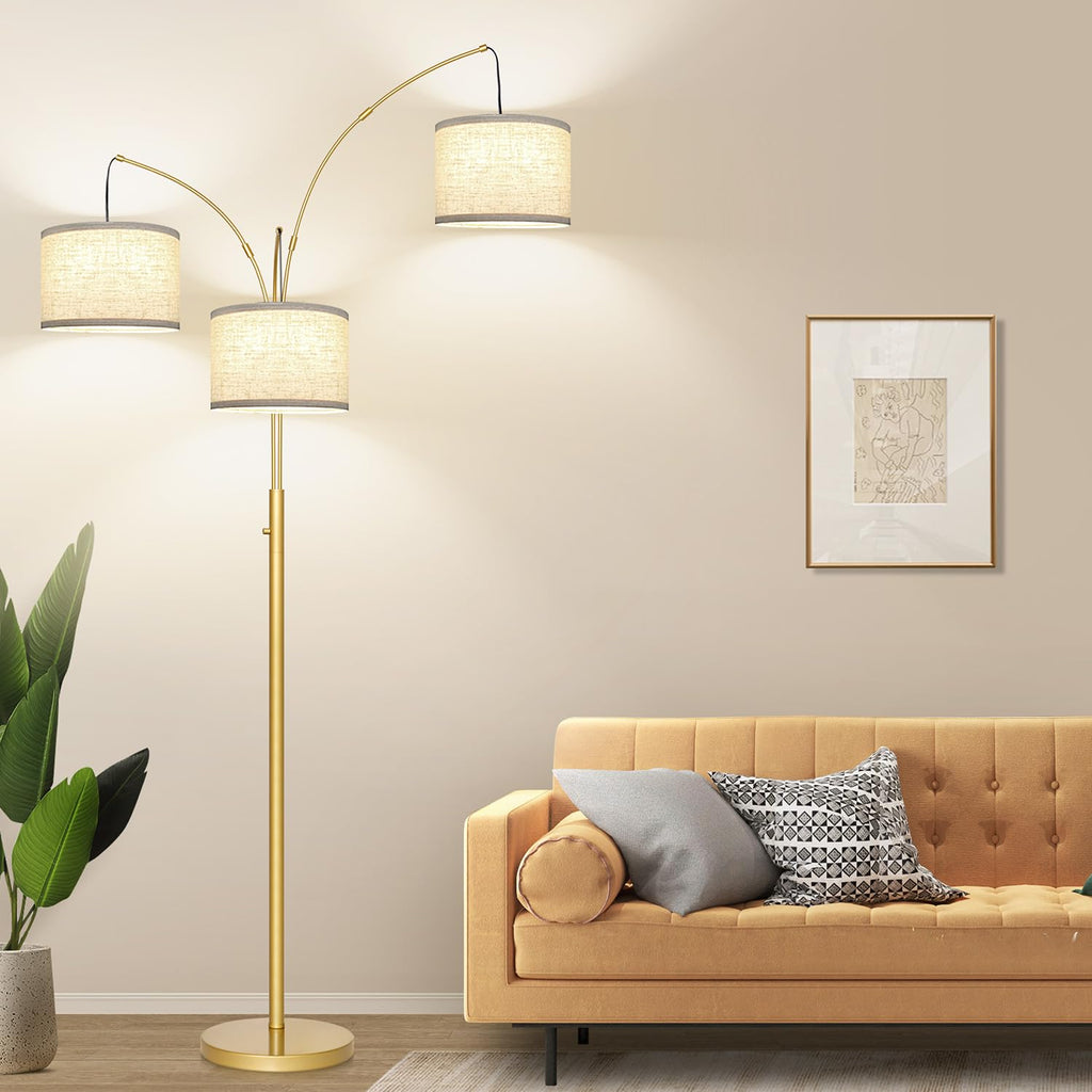 Dimmable Floor Lamp, 3 Lights Gold Arc Floor Lamp, Modern Tall Standing Tree Lamp with White Linen Shades & Heavy