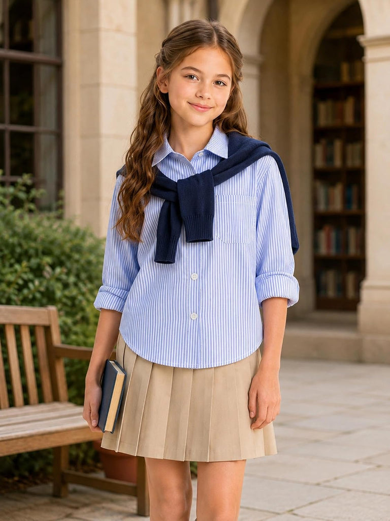 Girls Striped Button Down Shirt Long Sleeve Classic Blouse