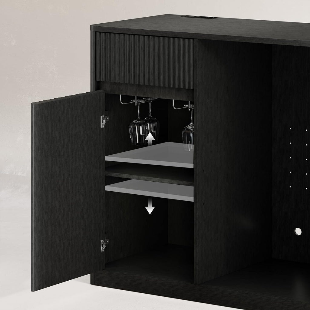 53" Fluted Coffee Bar Cabinet with Mini Fridge Space, 2 Drawers and Charging Station, Black
