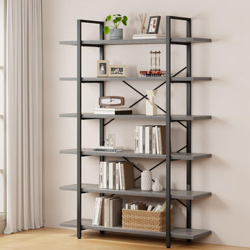 6 Tier Tall Bookshelf, Metal Wood Display Book Shelf, Light Grey Oak