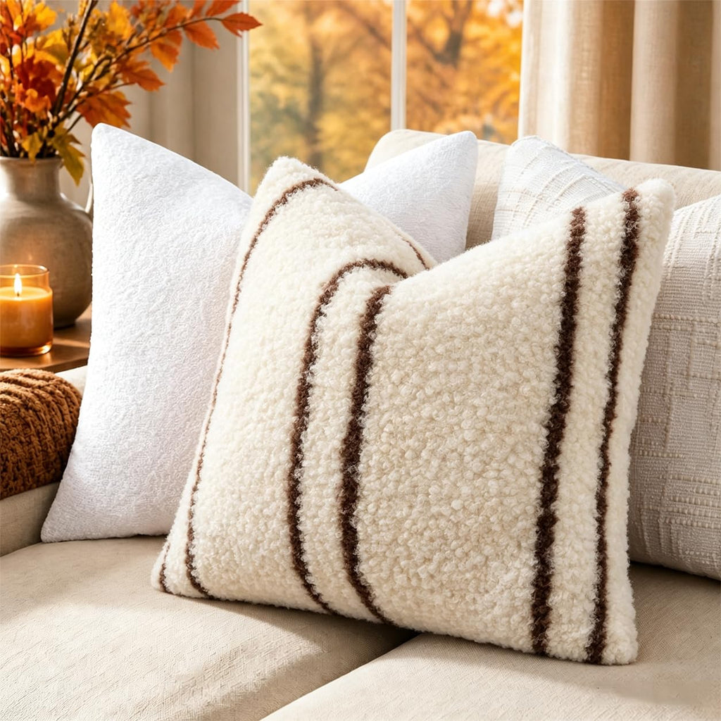 Faux Fur Striped Throw Pillow Covers 22x22 Set of 2 Ivory