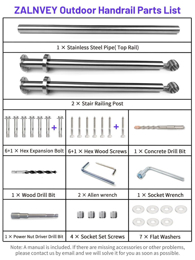 Outdoor 5 Step Handrail, DIY 304 Stainless Steel Transitional Hand Rails with Installation Kit, Silver Porch Stair