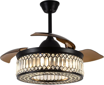 42 Inch Retractable Ceiling Fans with Lights and Remote, Modern Industrial Black Fandelier with 3 Retractable ABS