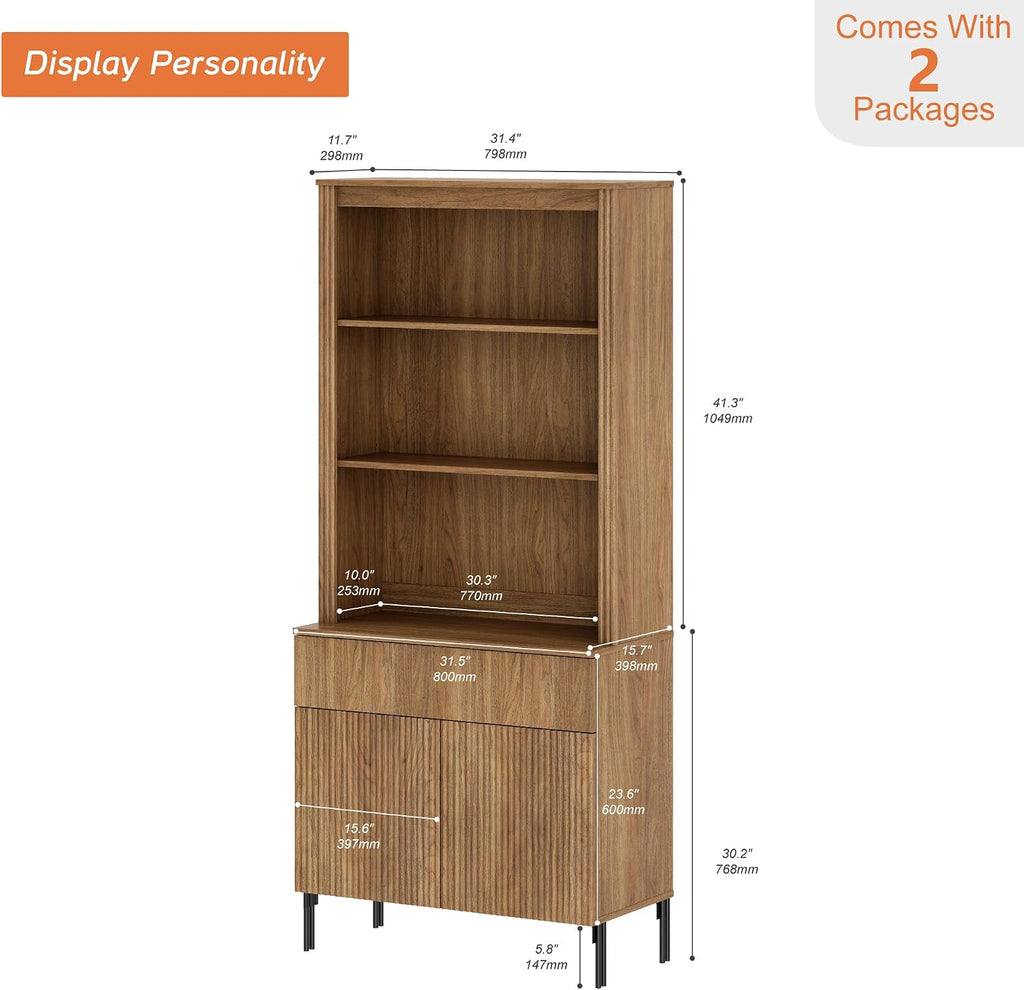 Modern 71.5" Tall Bookcase with 2 Doors & 1 Drawers, Fluted Bookcase with Storage and Adjustable Shelves, Wooden