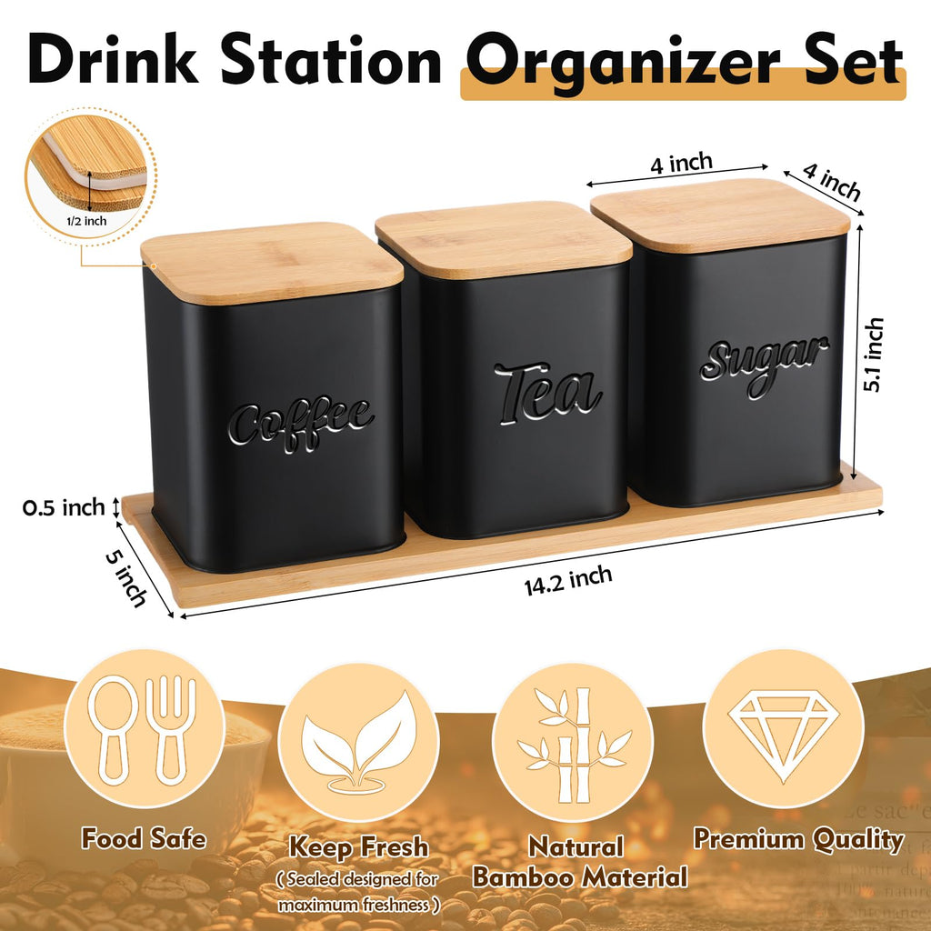 Set of 3 Coffee Tea Sugar Canisters with Bamboo Lid Tray Airtight Metal Food Storage Containers Jars Decorative