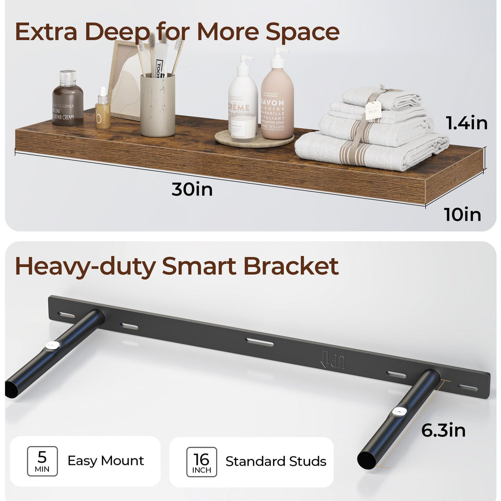 Floating Shelves for Wall 30 Inch Set of 3, Farmhouse Floating Shelves with Invisible Heavy Duty Bracket, 10 Inch