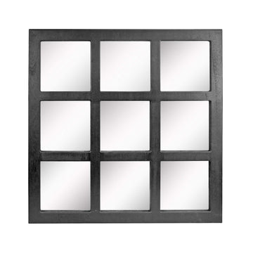 23.5" x 23.5" Square Black 9 Window Pane Hanging Wall Mirror with Attached Mounting Brackets, Decorative Rustic Decor