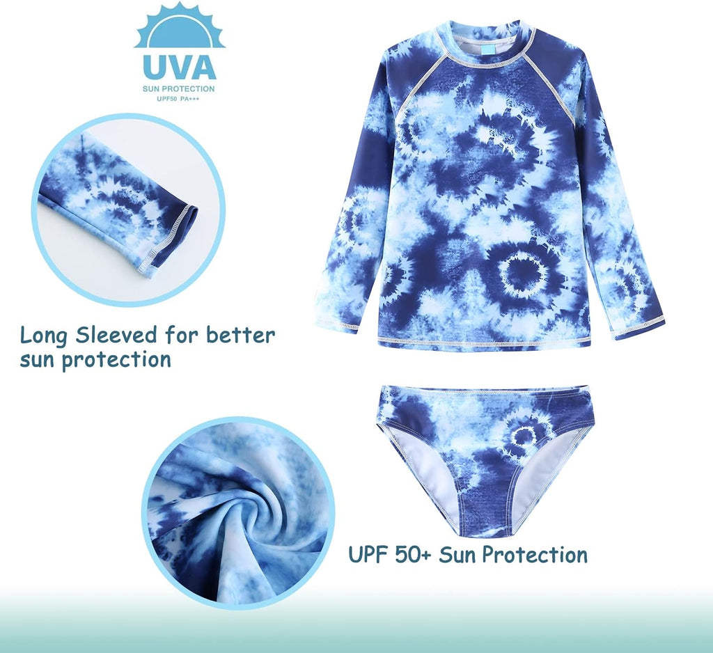 Girls Long Sleeve Rash Guard Set Tie Dye Bathing Suits Two Piece Swimsuits for Kids Swim Shirts