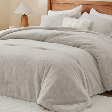 Faux Fur Comforter Set Linen, Warm Bedding with 2 Pilowcases