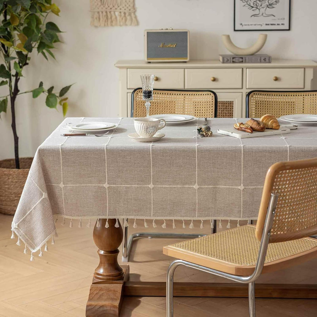 Rectangle Tablecloth Boho Grid with Tassels 55 x 84 Inch, Light Tan Embroidered Table Cloth Cover He