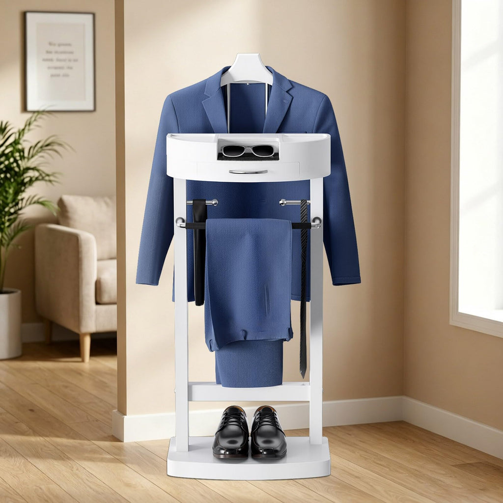 Freestanding Solid Wood Suit Valet Stand with Tie Bar, Suit Stand for men