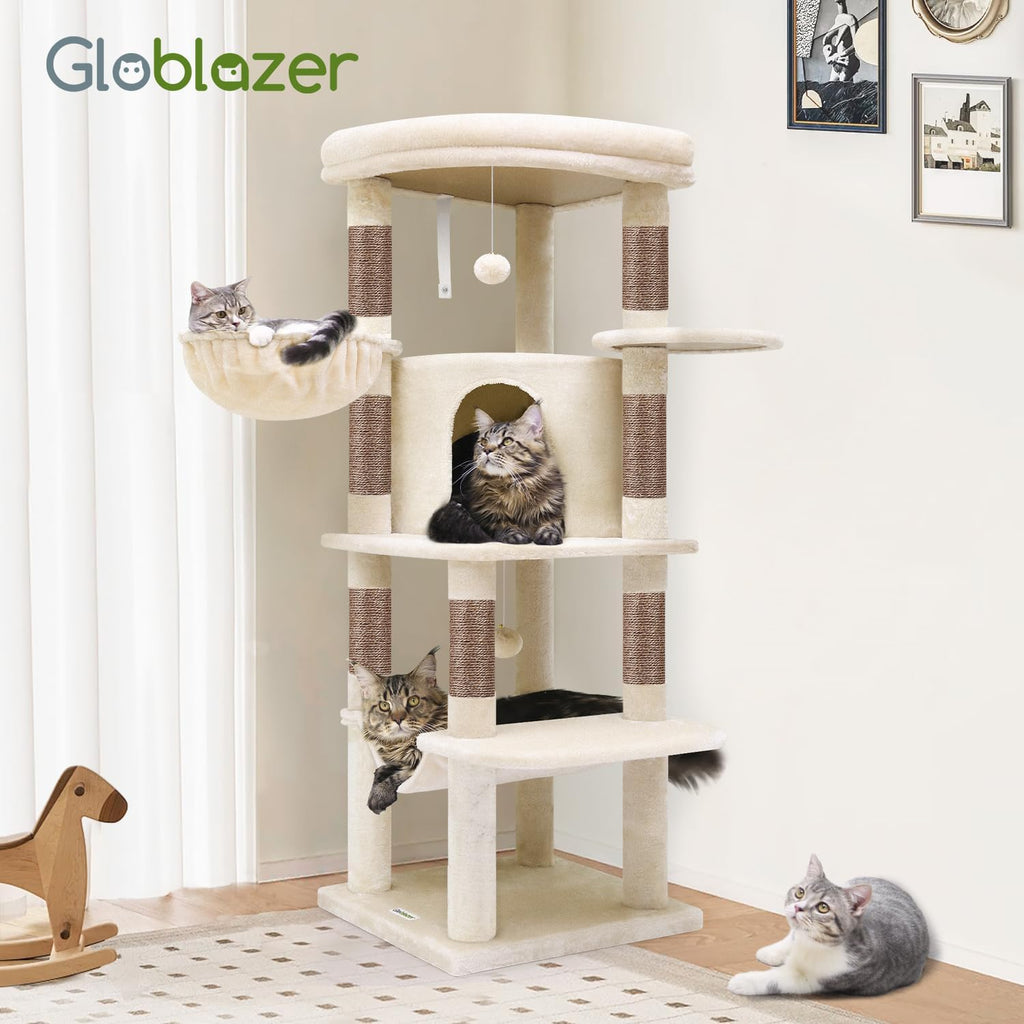Corner Cat Tree, 51in Curved Series Modern Cat Tower for Indoor Cats with Hammock, 7 Sisal Scratching Posts