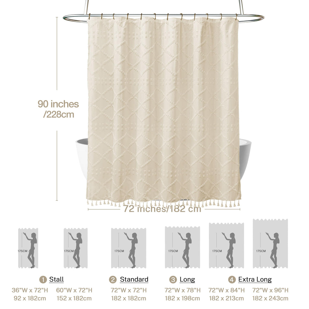 Extra Long Boho Farmhouse Shower Curtain Woven Fabric Beige 90 Inch Shower Curtain, 72 x 90 Tufted Chevron Textured