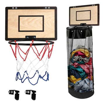 Over the Door Basketball Laundry Basket, 2-in-1 Wooden Basketball Hoop Laundry Hamper, Space Saving Hanging Organizer