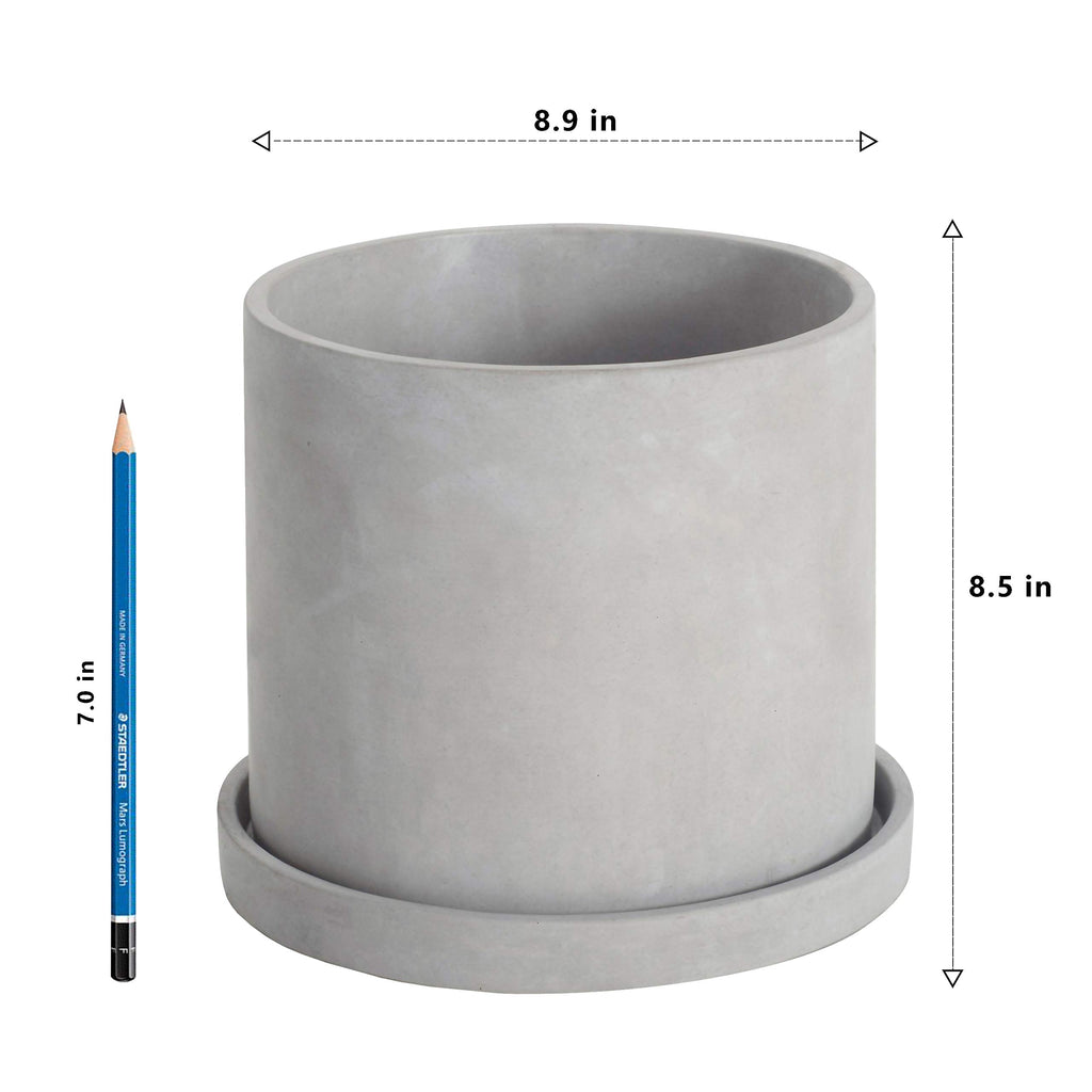 9 Inch Flower Plant Pot Indoor - Grey Cement Garden Planter Concrete Planter with Drain Hole Saucer, Modern