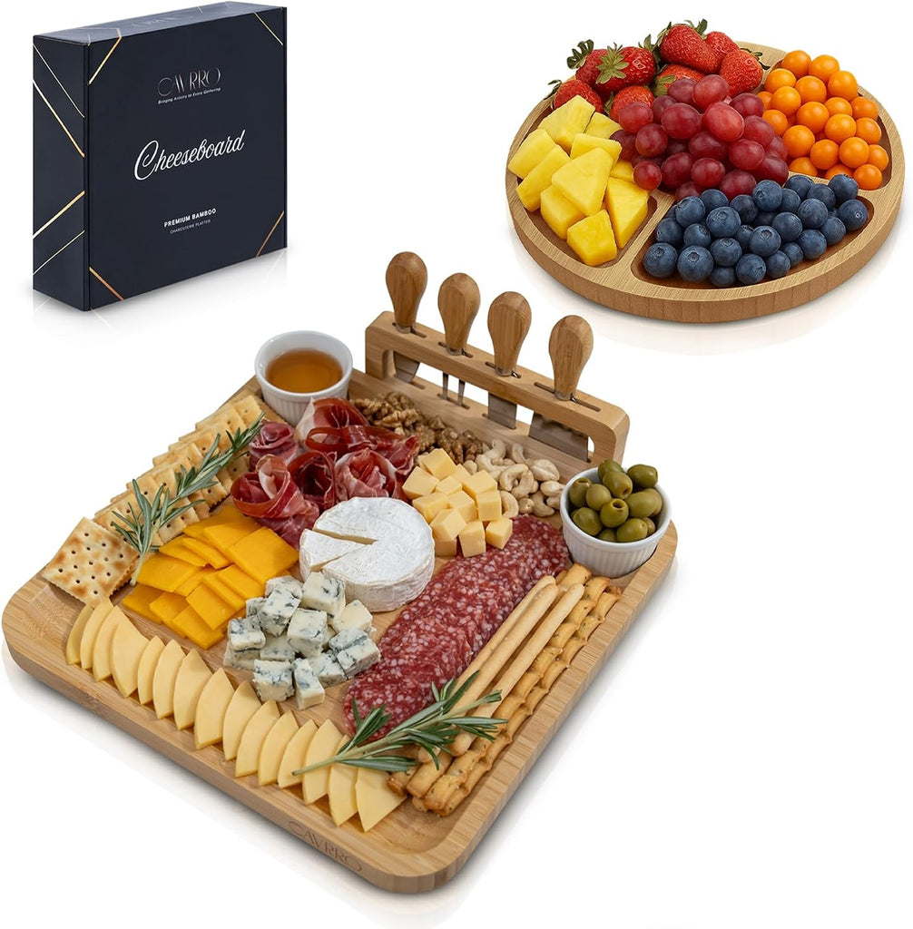 Charcuterie Board Set Bamboo with Cheese Knives and Bowls, Large Wooden Serving Platter for Entertaining
