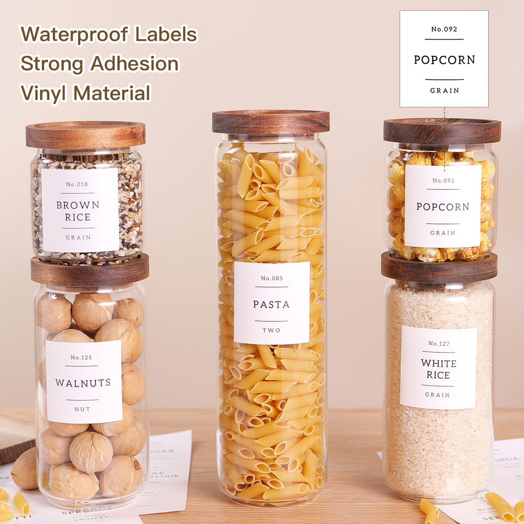 5 Set Glass Pantry Storage Jars with Acacia Airtight Lid - Thicken Glass Kitchen Canisters with 132 Pantry Labels
