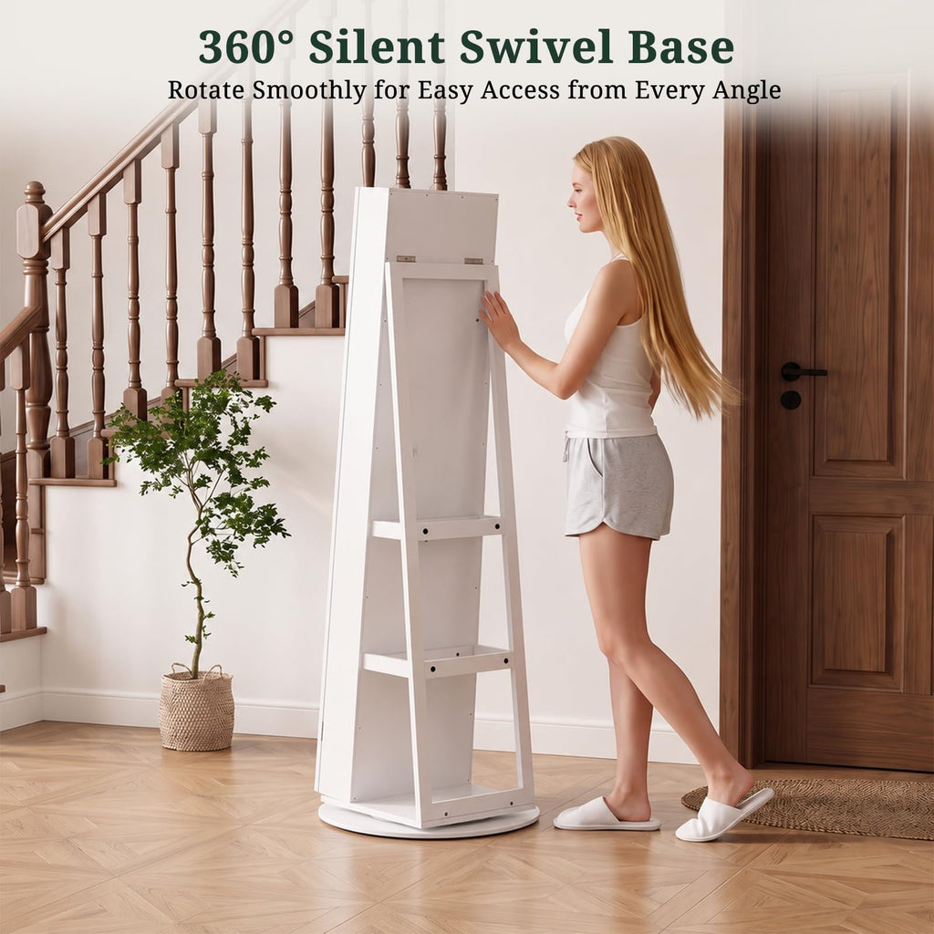 360° Swivel Jewelry Armoire Cabinet with Full Length Mirror, Lockable Jewelry Organizer with 6 LED Vanity Mirror, 3